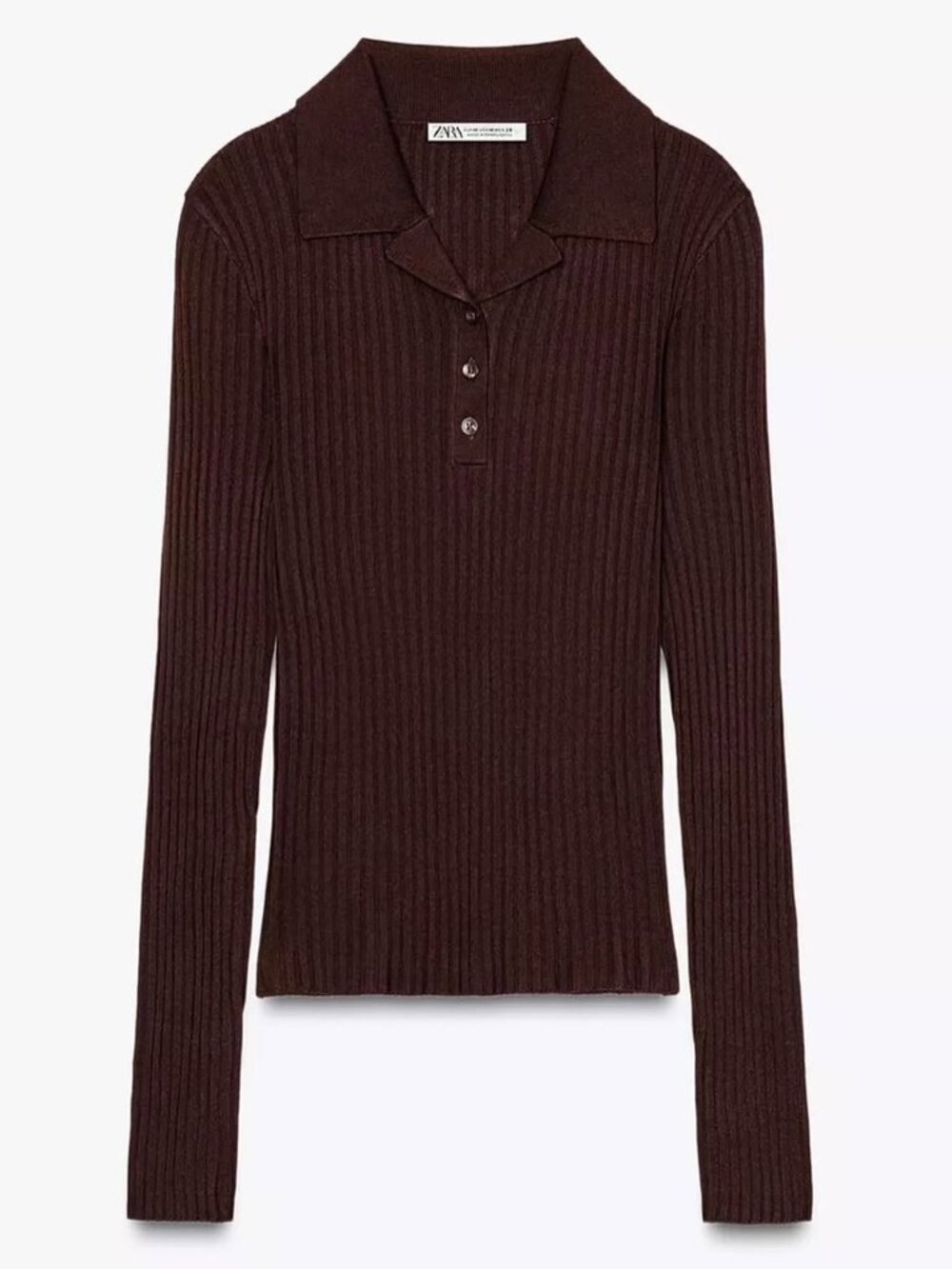 Zara Ribbed Knit Polo Top Long Sleeve - Brown - Size M - 3471